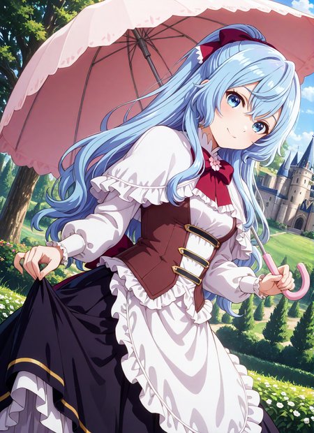 source_anime BREAK prefect lighting,very aesthetic,prefect hands,best quality,
intricate details,highly detailed background,(masterpiece:0.9),high quality,lustrous_skin,skindentation,(zPDXL3),
ultra delicate hair,
face_detail,
skin_detail,<lora:cfg_scale_boost>,
lustrous_skin,skindentation,
shiny skin,
<lora:seirei_gensouki_-_liselotte_cretia_il:0.7>,liselotte_cretia,long_hair,hair_between_eyes,blue_hair,ponytail,purple_bow,hair_bow,blue_eyes,
white_shirt,long_sleeves,white_dress,frills,black_skirt,red_bowtie,white_capelet,frilled_capelet,
masterpiece,best quality,ultra-detailed,Best-A,Medium-B,Low-C,Bad-D,cute,light_blush,dynamic_angle,
looking at viewer,small breasts,blush,smile,
in summer,flowers meadows,castle,park,umbrella,hold an umbrella,