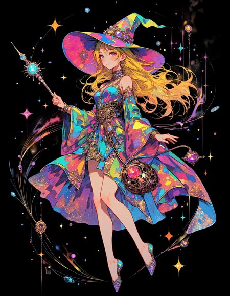 lyh_niji,  vibrant reflective holographic drawing in the style of ckhg, Alphonse Mucha Style, Art Nouveau Poster art  of   a witch wear witch's hat holds a magic wand and walks on tiptoe like a rhythmic gymnast
delicate features
cracked light , smokey haze in floating
Illustrations with clear lines in a well-designed posters design, black background
<lora:ck-holographic-glitter-000015:0.5><lora:Alphonse Mucha Style:0.6>