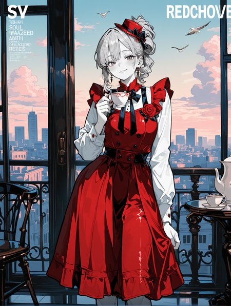 1girl,solo,Curly Ponytail,scenery,reddress,dress,hat,fromabove,cityscape,cup,teacup,sky,table,window,balcony,bird,day,detachedsleeves,bow,building,outdoors,railing,cloud,teapot,lookingatviewer,flower,city,holding,standing,minihat,bluesky,checkeredfloor,redbow,redheadwear,sleeveless,blackbow,closedmouth,sleevelessdress,rose,longsleeves,smile,sitting,tophat,chair,,
BREAK
The text on the cover should be bold and attention-grabbing,contrapposto,fashion,Magazine cover,(title),with the title of the magazine and a catchy headline,
perfect quality,high quality,masterpiece,best quality,amazing quality,very aesthetic,absurdres,newest,
BREAK
<lora:spo_sdxl_10ep_4k-data_lora_webui:0.5>,<lora:illustrious_all_rated_v1:0.6>,<lora:748cmSDXL:0.8>,748cmstyle,<lora:DarkerThanBlackIllustrious:0.5>,<lora:EtherSDXL:0.5>,EtherStyle,,ertcyql,greyscale with colored background,<lora:ERT1001:0.8>,