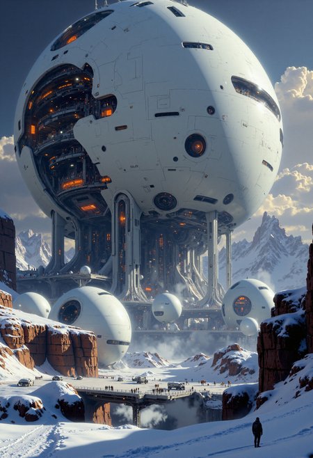 highest details, ultra hyper realism. highly detailed and realistic. intricate and highly professional artwork, an absolute masterpiece.
This image is a highly detailed, CGI-rendered depiction of a futuristic, sprawling space station or spaceport situated in a snowy, icy landscape. The central structure, a large, spherical space station, dominates the scene. It has a smooth, sleek, white exterior with numerous windows and a domed section at the top, likely housing observation or command areas. The station is supported by several slender, tubular legs that taper into the ground. A series of smaller, interconnected modules are connected to the main structure, featuring rounded, organic shapes and a uniform white color scheme. These modules include various levels with windows and doors, indicating multiple functions such as docking bays, living quarters, or control rooms.
Wine Red hue and Asphalt Gray tint, dramatic lighting
<lora:artilands_v02_epoch_6:1>