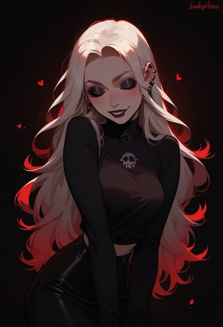 score_9, score_8_up, score_7_up, score_6_up, pretty woman, 21 year old, 1girl, very pale skin, white skin, goth girl, emo, eyeliner, eyeshadow, white hair, long hair, straight hair, closed eyes, happy, smile, pretty face, long hair, long sleeves, shirt, skirt, sexy pose