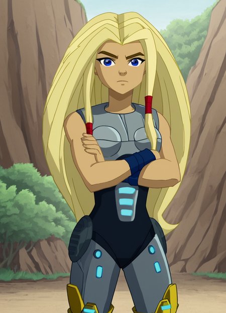 <lora:TorunnPony2.0:0.9> torunn, 1girl, long hair, blonde hair, solo, blue eyes, bodysuit,wristband,  breastplate,boots,hair tubes, looking at viewer, outdoors, crossed arms,