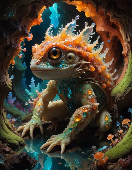 hyper realistic and highly detailed, by Annie Leibovitz and Sachin Teng, panoramic wide angle shot of an phenomenally beautiful otherworldly landscape, famous artwork by (vincent chong:1.1) and (alan pollack:1.2), detailed expressive eyes, fantasy style, deep in the crystalline caverns of planet alderwaran tertius roams a silicon-based life form, the rude honkxygler, shown here as it is emerging from its tunnel lair in the vibrant, gemstone-studded walls of the underground snickerwhirl, this creature is covered in crystalline eggerfroggle arranged in colorful fractal patterns, reflecting the iridescent glow of the bioluminescent fungi around it, one should watch out for its dangerous norbsemblic tail, award winning, film grain, dramatic lighting, movie still frame, depth of field,  (masterful, professional, intricate details, masterpiece, best quality:1.5)
<lora:add-detail-xl:0.5> <lora:xl_more_art-full_v1:0.5>