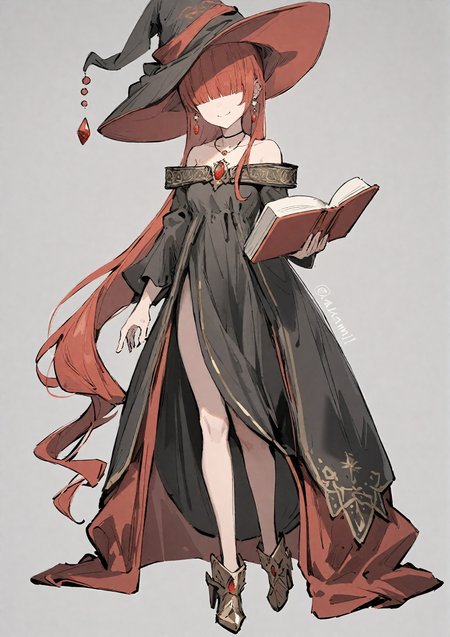 1girl, 
aiamu iamu, 
hair over eyes, black dress, jewelry, collarbone, wizard, small breasts, book, full body, hat, open book, off shoulder, standing, holding, very long hair, signature, long hair, off-shoulder dress, simple background, watermark, necklace, smile, holding book, earrings, solo, pointy footwear, grey background, looking at viewer, red hair, red gemstone, red hat, artist name, twitter username, dress, closed mouth, breasts, gem, witch hat, brooch, 
masterpiece, best quality, absurdres, highres, safe
 <lora:aiamu_iamu_image45_2024-03-28_a31-000040:1>