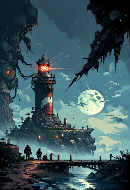 score_9, score_8_up, score_7_up, yamer_pixel_fusion, pixel art, 
(lighthouse:1.2)
god rays,
in the style of a vintage, high-contrast setting, dark and mysterious atmosphere, Resplendent spotlighting, Emphasize theatrical elements with bursts of bright colors against dark, moody backgrounds,
etro futuristic, atompunk, hyper-detailed, scifi, lofi, d3p1x3l, pixel art, a broken moon hangs in the sky