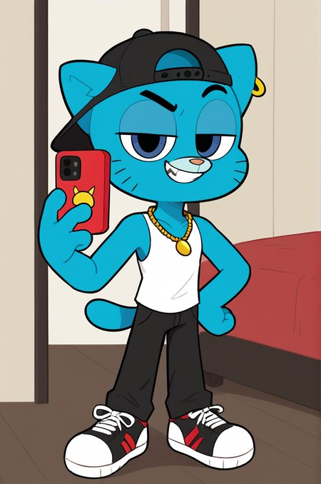 bedroom, 4 fingers,  <lora:miscon_ponyxl:0.6>,  <lora:powerpuff_girls_Kim_Crab_style:0.3>, shading, three-quarter portrait, full body, BREAK
<lora:Gumball_Watterson_sdxl:0.2
>, gumball, male, anthro, cat nose, dark blue eyes, young, broad shoulders, white tank top, solo, selfie, holding red phone, hand on own hip,  raised eyebrow, grin, half-closed eyes,  ear ring, gold chain necklace, backwards hat, teeth, black pants, sneakers,  BREAK