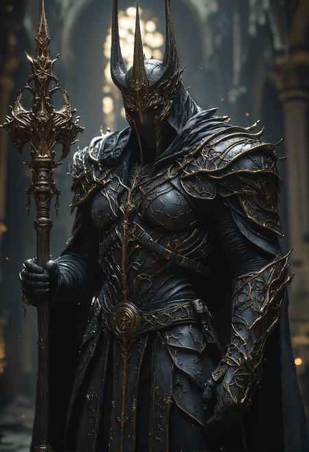 A dark, imposing figure stands in a grand, dimly lit cathedral. This character wears intricate, gothic black armor adorned with gilded crosses and chains, giving a religious yet ominous presence. The helmet is tall, almost bishop-like, with a faceless visor that reflects no light, enhancing the aura of mystery. The figure holds a menacing staff, topped with a spiked, circular cross design, which looks both ceremonial and weaponized. The armor details include ornate engravings and mechanical components, blending medieval design with a futuristic, almost steampunk aesthetic. The atmosphere is solemn, with a faint, ethereal glow from high cathedral windows casting cold light onto the dark figure, emphasizing the contrast between shadow and metallic details. <lora:Magic_of_Art_(FLUX).safetensors:1.0>,  <lora:BeautyInEvilFlux.safetensors:0.75>,
