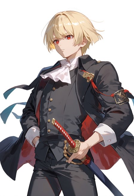 score_9, score_8_up, score_7_up, sheathed sword, solo, male focus, pants, 1boy, white background, black pants, simple background, hands in pockets, open clothes, cropped legs, katana, jacket, vest, black coat, ascot, open jacket, black jacket, blonde hair, coat, long sleeves, short hair, open coat, bangs, red eyes, standing, white ascot, shirt, black vest, cowboy shot
<lora:sheathed_sword_pony_1_final:1>