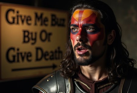 cinematic shot, William Wallace, in medieval Gaelic warrior face paint  , close_up, impassioned speech . poster with text "Give me buzz or give me death"