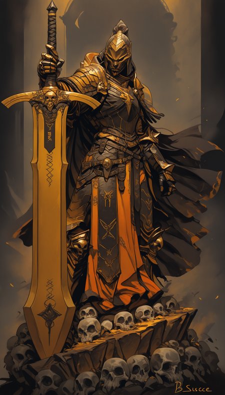 BSSINCASE,,    holding weapon, fighting stance, holding  buster sword,huge weapon masterpiece, best quality, high quality, ultra-detailed, realistic,  Create a detailed digital artwork of a heavily armored knight in a dynamic pose. The knight is clad in dark, intricately designed armor with gold accents, and a helmet with a visor. The armor is adorned with skulls and crosses, and the knight wields a large, ornate sword with a golden hilt. The background is a chaotic blend of dark and fiery hues, with a smoky atmosphere that adds to the intensity of the scene. The color palette is dominated by dark shades of gray, black, and gold, with occasional bursts of yellow and orange, creating a sense of urgency and danger. The style of the artwork leans towards dark fantasy or gothic themes. solo, 1boy, holding, standing, male_focus, weapon, sword, holding_weapon, cape, armor, holding_sword, helmet, shoulder_armor, gauntlets, pauldrons, skull, breastplate, knight, full_armor, ambiguous_gender, helm, BSSINCASE,,    holding weapon, fighting stance, holding  buster sword,huge weapon