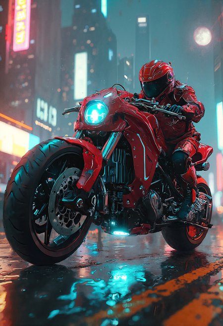 A  red armored cyberpunk motorcycle, emphasizing its sleek, predatory lines and imposing presence. Here's a description of the image:
The image is rendered in a low-angle shot, with the motorcycle dominating the foreground. The camera is positioned at a slight angle, creating a sense of depth and dimensionality. The motorcycle's sleek, armored body is rendered in exquisite detail, with intricate mechanical components and glowing blue lines tracing its curves. The bike's red paint job seems to glow in the dim light, as if infused with an otherworldly energy.
The background is a blurred, neon-drenched cityscape, with towering chrome skyscrapers and billboards casting a kaleidoscope of colors across the night sky. The stars twinkle like diamonds scattered across the fabric of the universe, while the moon hangs low in the sky, casting an ethereal glow over the scene. The city's lights and sounds are muffled, creating an eerie sense of silence and isolation.
The motorcycle's tires are slightly smudged, as if it has just roared to life and is ready to take on the city. The engine's exhaust pipes seem to pulse with energy, as if they're about to unleash a torrent of power. The bike's handlebars are wrapped in gleaming chrome, and the mirrors seem to reflect the city's lights like tiny, shimmering pools of water.
The image is rendered in a high level of detail, with every mechanical component and surface texture meticulously crafted. The lighting is dramatic, with deep shadows and highlights that accentuate the motorcycle's imposing presence. The overall effect is one of raw power and technological prowess, as if the motorcycle is a living, breathing creature ready to unleash its fury upon the city.
To achieve this level of detail and realism, I would employ a combination of digital painting and 3D modeling techniques. I would start by creating a 3D model of the motorcycle, using software such as Blender or Maya. I would then add intricate details and textures to the model, using a combination of procedural textures and hand-painted details.
Once the model is complete, I would render it in a 3D rendering software such as V-Ray or Arnold, using a combination of global illumination, ambient Occlusion, and subtle motion blur to create a sense of depth and dimensionality. I would also add subtle noise and grain to the image to give it a sense of film-like texture and realism.
Finally, I would composite the motorcycle into the cityscape, using a combination of 3D modeling and 2D painting techniques to create a seamless blend of the motorcycle and its surroundings. I would use a combination of layer blending modes and masking techniques to create a sense of depth and dimensionality, and to ensure that the motorcycle appears to be an integral part of the cityscape.
Overall, the image would be a testament to the power of technology and human creativity, a celebration of the beauty and complexity of the cyberpunk world.