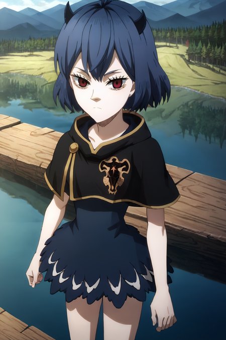 highres, sharp focus, pixiv masterpiece, highly detailed, 1girl, small_breasts,  nero-dress, Secre_Swallowtail_XL, source_anime, score_8_up, score_7_up, score_9,   <lora:Secre_Swallowtail_PonyXL_v19-000001:1> , eyelashes,  looking at viewer, cowboy shot, forest, mountain, lake, from above, blackbull-cape