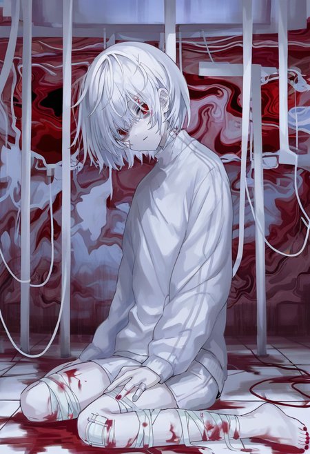 bandaged leg, sitting, blood, white hair, short hair, barefoot, solo, bandages, intravenous drip, 1girl, long sleeves, looking at viewer, bandaid, bangs, white shorts <lora:shiunXL_NB11_lokr_V6311P:0.95>