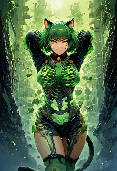 3l3m3ntp, cr1tter, detailed, transparent, (action pose),
woman, arms up, smirk, closed mouth, yellow eyes, makeup, fluffy green cat ears, short green hair, bangs, cat whiskers marks, large breasts,(green cat tail:1.4),socks, neck bell,
(futuristic night city tokyo:1.4), (green neon), brutalist architecture,
score_9, score_8, score_7, score_6, absurdres, skeleton, spine, hip_bones, ribcage, legs bones, solo, half body,
(transparent, transparent_body, transparent_skin),