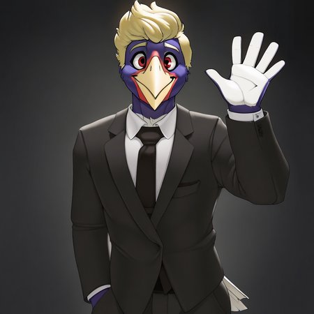 1boy, solo, Dale, anthro, bird, beak, red eyes, blue body, blonde hair, white torso, two tone body, smile, suit and tie, clothed, waving, looking at viewer, masterpiece, best quality,