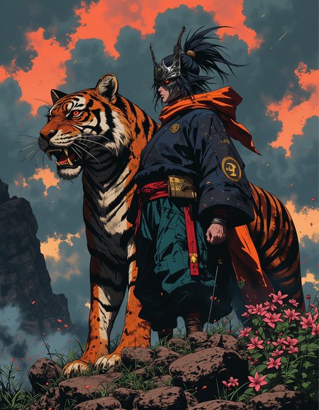 Comic style concept art, A young, androgynous samurai with unruly dark hair wearing a dark black mask with a crescent moon ornament, glowing red eyes, and pale skin, wearing a dark blue kimono with teal accents, a red sash, and a flowing orange-red scarf, holding a katana sword with gold hilts, stands next to him is a big tiger, standing confidently on a jagged rocky outcrop covered in small pink flowers, a dramatic cloudy sky with hints of orange and red in the background, highly detailed, <lora:Luminous_Shadowscape:0.6>, <lora:NeonFantasyPrimeFLUX:0.6>, <lora:FluxMythP0rtr4itStyle:0.6>