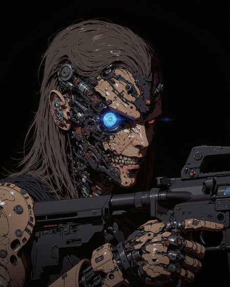 a heavily augmented, female princess figure with a sinister, knowing grin. Much of her face is replaced by dark, complex cybernetics, with one eye replaced by a large, intensely glowing blue optic lens. Wires and mechanical joints are visible integrating into her skull and jaw. She wears worn, functional armor pieces over dark clothing. holding and aiming a futuristic AR15 assault rifle. The lighting is stark and shadowy, emphasizing the unsettling blend of aged flesh and cold machinery. Focus on dark cyberpunk augmentation, menacing matriarchal intelligence, and gritty bio-mechanical integration.