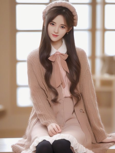 masterpiece, best quality, girl, long hair, looking at viewer, brown cardigan , frilled socks, hair_bow, bowtie, in winter, blush, sweater dress, ,<lora:sl_btf:1>