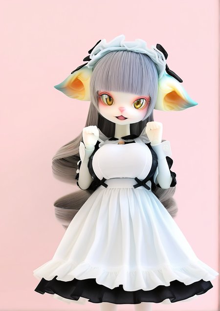 <lora:DOLL_ZONE_furry:1>,1girl, huge breasts,Miss Kitty(m), young girl, ringlets, Ears Down, LONG HAIR, grey hair, yellow eyes, blunt bangs, maid dress, MAID, maid headdress, maid apron, white pantyhose, :d, alligator, blush, breasts, clenched hands, crocodilian, heart, light blush, looking at viewer, open mouth, polka dot, smile, solo,