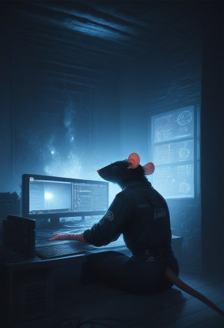 score_9, score_8_up, score_7_up, (server room: 1.2), (burning room: 1.2), rat wearing mechanic outfit, rat sitting at computer screen, (computer screen says "Maintenance Mode": 1.5),