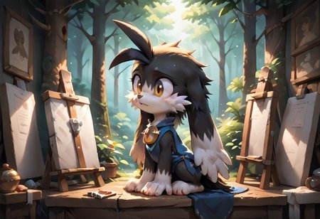 score_9, score_8_up, score_7_up, score_6_up, score_5_up, score_4_up, <lora:Klonoa_Character_PonyXL:0.8> ,  Klonoa, two long ears, fur, anthro, Klonoa, g5, rich colors, forest operations, forest, thicket, communal appearance , presents a painting of rabbits and pony, aroused, front view, detailed background, detailed, 8k quality, side view, beautiful, teasing, easel and brushes, leaned to the floor, freely actions, dress,