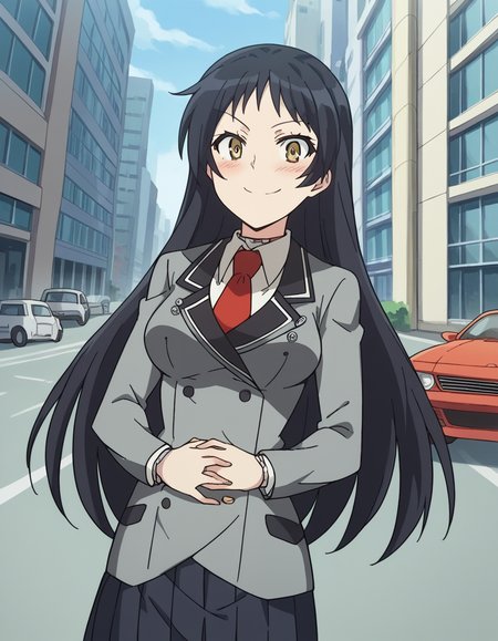 score_9, score_8_up, score_7_up, source_anime, <lora:ayame-kajou-s1-ponyxl-lora-nochekaiser:1>, ayame kajou, long hair, black hair, brown eyes, yellow eyes, medium breasts,, skirt, school uniform, pleated skirt, necktie, black skirt, red necktie, grey blazer, long sleeves,, city, buildings, streets, cars, people, smile, hands on stomach, blush,, looking at viewer, solo,, dutch angle, cowboy shot