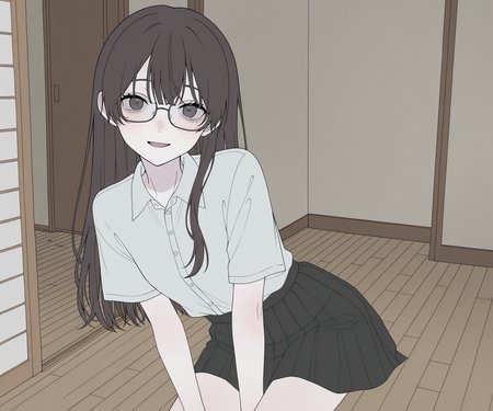 masterpiece, best quality, amazing quality, , 1girl, solo, glasses, , looking at viewer, shirt, skirt, long hair, light smile, open mouth,  <lora:Happiiakujikijp ILL-v2:1> happiiakujikijp, detailed background