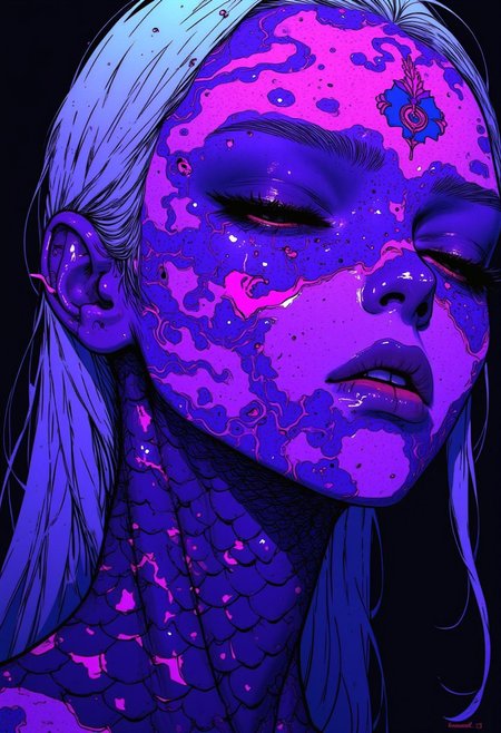 cyberpunk, DreamArt, anime_martz, anime_source, paint, neon hair, ultra realistic intricate scales, white hair glows, purple scale on face covering. Her face is adorned with glowing face tattoo, closed eyes, patterns resembling fish scales on face glowing purple, smeared pattern tattoo, half turn head relaxed expression nodding, dark simple background, futuristic art, with a glowing.