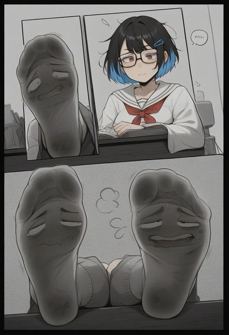 score_9, score_8_up, score_7_up, 
comic panels,2panels ,
[panel1 ： detailed , 1girl, (black hair:1.1), highlights in hair, blue highlights, bob cut hair style, messy hair, hair clip, hazel eyes, square frame glasses, black frame glasses, school uniform, short skirt, blue and white socks,  school，classroom,sitting on a chair,] ,
[ panel2 ：Stretch out your socked feet, the soles of your socked feet, the focus of your soles,Looking from below, looking down,]manga page,manga layout, panels, manga panels, page layoutcomic panels, manga page, speedlines, cover,  hearts, living socks, socks have detailed faces on soles, dirty socks, smelly socks,