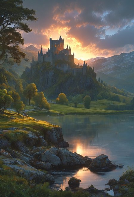 A captivating night scene illustration featuring a beautiful castle on a large  hill overlooking a lake in the highlands of Scotland. The castle is ancient but well maintained and updated and comfortable to live in.  This enchanting artwork captures a serene and peaceful early morning, where the sun is just starting to rise over the beautiful highlands and castle which   stands resolute amidst highlands, creating a cinematic experience., illustration, cinematic
<lora:DonM3t3rn1tyXL-v1.1:0.7>, DonM3t3rn1tyXL,
OverallDetailXL  <lora:MJ52:0.3>  <lora:SDXLFaeTastic2400:0.4>  <lora:EpicF4nta5yXL:0.7>
