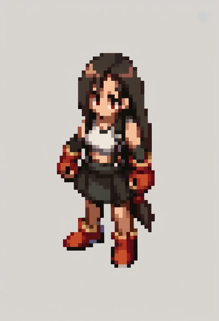 score_9, score_8_up, score_7_up, source_anime, BREAK, solo, 1girl, <lora:FFT-SpritesV2-pdxl_Fp:1>, looking at viewer, from side, full body, standing, solid oval eyes, no mouth, no nose, pixel art, <lora:tifa-pdxl-nvwls-v1:1>, defTif, red eyes, black hair, low-tied long hair, earrings, white sports bra, black suspenders, black miniskirt, arm warmers, black elbow gloves, elbow pads, red gloves, red footwear