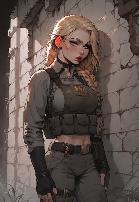score_9, score_8_up, score_8_up, 1girl, blonde hair, blue eyes, MiraBelle666, fit body, standing behind crumbling wall, ruins, wasteland, grey rugged military uniform, tactical clothes, tactical vest, armor, dark-grey skies, wasteland, g0thicPXL, <lora:Expressive_H-000001:0.45>, <lora:g0th1cPXL:0.45>, <lora:incase_style_v3-1_ponyxl_ilff:0.75>