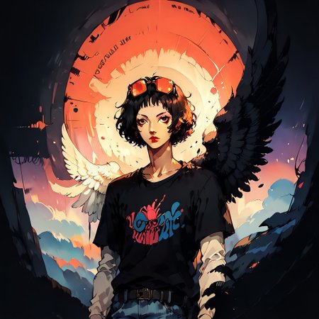 score_9, score_8_up, score_7_up, BREAK, 
1girl, solo, Highly detailed, d4rkpurp, ohyaP5, short hair, bob cut, sunglasses on head, lipstick, black t-shirt, clothes writing, layered sleeves, jeans, w1ngs, angel wings, black wings, floating black feathers, backlit by the moon, face focus, (reaching out), atmospheric, dark, ddpapa, concept paint, abstract art,