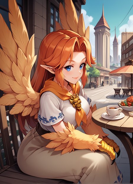 (score_9, score_8_up, score_7_up), best quality, perfect face, (masterpiece), MGE, 1girl, masterpiece, expressive eyes, monster girl, MGE artstyle, (harpy), animal limbs, (winged arms), feathered wings, prehensile wings, animal legs, thighhigh fur, pointy ears, ear fluff, breasts, consistent features, <lora:MGE_V5.3:0.9>, outdoors, city, street, cafe,  evil smile,  red hair, sitting,  <lora:malon_cremia-v1_pdxl:0.8> , malon, 1girl, blue eyes, orange hair, white shirt,