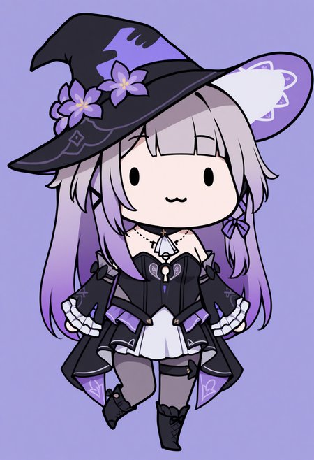 masterpiece, best quality, 1girl, solo, TheH3rt4Def, grey hair, gradient hair, purple hair, long hair, tress ribbon, witch hat, hat flower, detached collar, white ascot, key necklace, strapless dress, clothing cutout, keyhole cutout, detached sleeves, frilled sleeves, showgirl skirt, grey pantyhose, thigh strap, asymmetrical footwear, ankle boot, knee boot, chibi, dot eyes, :3, smile, simple background,  <lora:ChamTheHertaNoobV4:1>, <lora:style_walfie_illustriousXL-GLoRA:1>