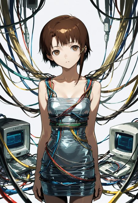 1girl, solo, computer wires dress, cables, cable,iwakura lain,