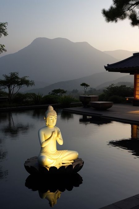 In a tranquil Zen garden illuminated by the first light of dawn, a living, breathing person, evoking the essence of Buddha, sits in deep meditation on a lotus in the midst of a serene pond. The morning sun casts a gentle glow, creating a soft halo around this individual. Surrounding them are bowls filled with water, each cradling floating petals, amplifying the atmosphere of peace