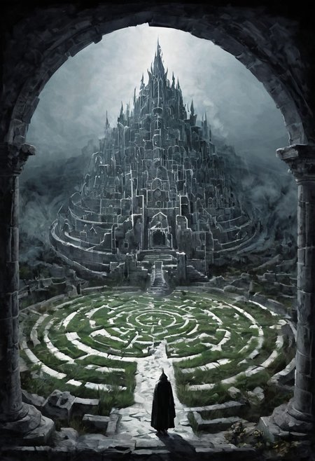 castle , A traveler contemplates a gigantic labyrinth made up of dozens of white, grass, medical towers.  labyrinth , evil villain ,darkness, fog, easter eggs, opposites