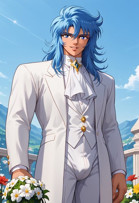 score_9, score_8_up, score_8, score_9, masterpiece, ultra high quality, hd render, male focus, 1boy, twink, young man, solo, JulianSolo, blue hair, very long wavy hair, blue eyes, bangs, hair between eyes, light skin, young man, parted lips, sexy smile, hair between eyes, white suit, ascot, flowers, holding bouquet, formal suit, bulge, big bulge,
handsome boy, narrow features, standing, dynamic pose, dynamic shot, looking at viewer, formal party scenery, luxury party,  hd render, high quality, retro artstyle, 1990s_(style), 1980s_(style),