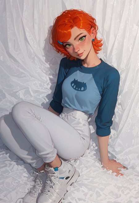 score_9, score_8_up, score_7_up, score_6_up,1girl, gwen_tennyson, orange hair, short hair, green eyes, hairclip, stud earrings, blue shirt, raglan sleeves, white pants, white sneakers,,thin waist,looking at viewer, cute face, Expressiveh