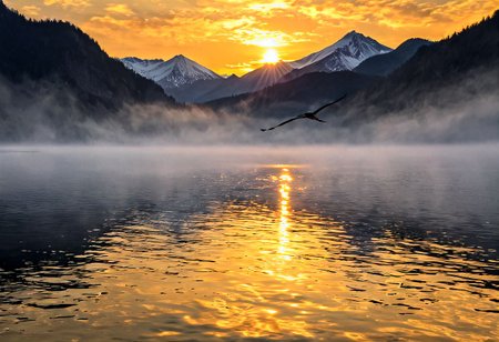 Sunrise gradually illuminating a tranquil mountain lake, dense fog obscuring the mountain peaks, scarlet and gold sky reflected in the still water, lone silhouette of a heron in flight, subtle ripples in the foreground catching the first light, serene, ultra realistic, golden ratio.