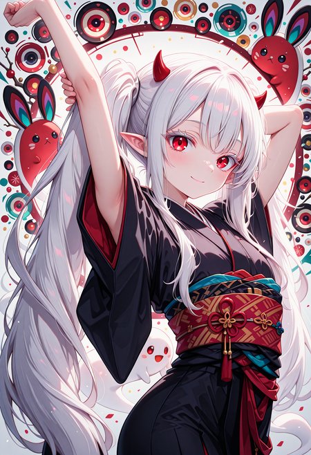 (glow:1.1), masterpiece, best quality, (very aesthetic:1.0), 1girl, solo, (yuki_usagi:1.1), slim, (adult:1.2), tall, mature, flat_chest, long_hair, red_eyes, twintails, white_hair, small horns, (pointy_ears), albino, japanese_clothes, black_kimono, obi, sash,  (perfect detailed white eyelashes:1.3), (wide gentle smile:1.0), closed mouth, (white theme, colorful abstract rabbit ghost background, intricate patterns:1.3), standing, stretching arms, arm behind head, (confident pose:1.0), leaning back, step forward, (cowboy shot, side-view, from side:1.2), close-view, looking at viewer, <lora:IL\best\reij-detaILer>, <lora:IL\best\reij-detaILer>, <lora:IL\Z1Char\Yuki-Usagi_SDXL:1>, <lora:Pony\Best\cfg_scale_boost:0.2>