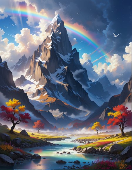 Sci-fi landscape
a rugged mountain peak with jagged rocks, icy winds, treacherous paths,
,
Thunderstorm with anvil-shaped cumulonimbus,
a mystical cloudscape, with swirling mists, vibrant rainbows, and an ethereal atmosphere that feels otherworldly,
Crepuscular rays through cathedral trees,
Fall foliage color explosions,
Salt flat mirror effects,
,
,
Snowfall assembling origami creatures,
Nisio Isin 
(masterpiece:1.4), (intricate details:1.4), (hyperrealistic:1.3),(painting:0.9),(ultra detailed:1.4), (8k resolution:1.3), (sharp focus), (dramatic perspective:1.1), (chromatic aberration:0.3), (film grain:0.2),
<lora:JuggerCineXL2:0.3>,
<lora:add-detail-xl:0.3>,
<lora:WildcardX-XL-Detail-Enhancer:0.4>,
<lora:xl_more_art-full_v1:0.7>,
<lora:ClassipeintXL2.1:0.3>,
<lora:Flux-XL_Scenery:0.3> flux-scenery ,
<lora:EnvyDramaticLightingXL01:0.7>
detailxl,
