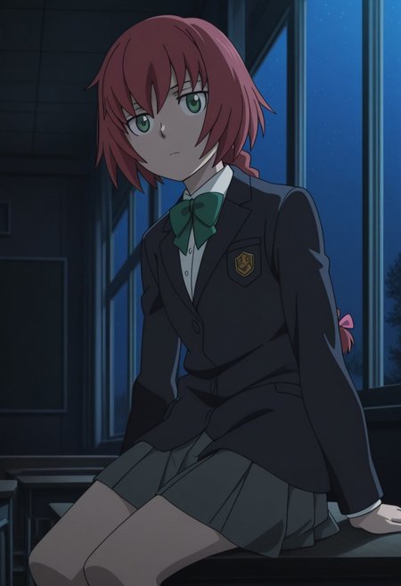 masterpiece,perfect quality,best quality,absolutely eye-catching,absurdres,highres,newest,anime coloring, anime screencap,(1girl,solo),Suou_Pavlichenko, red hair, braid, green eyes, school uniform, blazer, green bow, grey skirt, pleated skirt, expressionless, looking at viewer, sitting on desk, indoors, classroom, dark theme, night, dark