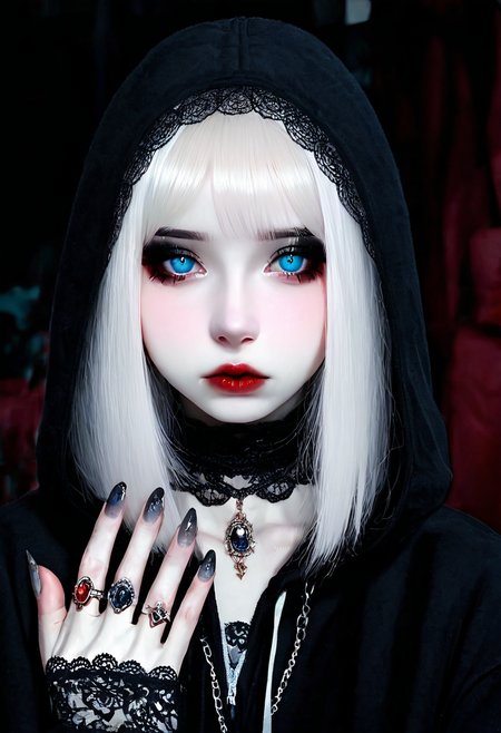 masterpiece, best quality, closed mouth,   1girl, solo, looking at viewer, blue eyes, jewelry, closed mouth, white hair, choker, hood, necklace, nail polish, lips, fingernails, makeup, ring, pale skin, portrait, black nails, lace, close-up, pendant, gothic, grey nails  ,   <lora:R3alB3auty_NAI:1.0>,