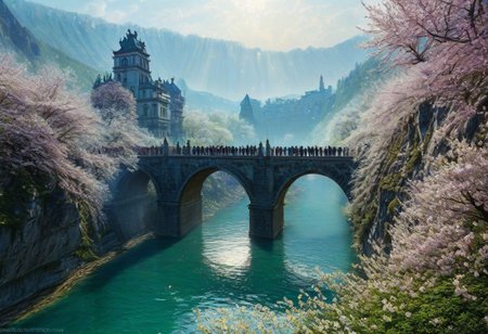 towers ringed in mist, sunrays, mixed media, surrealism, fantasy, great lighting, A surreal landscape highly detailed, extremely high-resolution details, appears trapped in an optical illusion of reflections and refractions, colorful, Spring, cherry blossoms in the wind, spring blooms, (Zhangjiajie mountains:1.2),  (Vienna in contemporary Austria, baroque architecture, European architecture:1.15), (stone arch bridges:1.05), winding rivers extending to the horizon, professional photography, natural lighting, volumetric lighting maximalist. vivid, vibrant colors, intricately detailed, (psychedelic colors, psychedelic colors:1.15), complex, elegant, expansive, fantastical, film photography style, medium grain, cmnt
 (8k uhd:1,4)
 <lora:add-detail-xl:1>
 <lora:Dynamic Poses:1>
