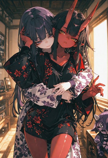 (EyesHD:1.2), (4k,8k,Ultra HD), masterpiece, best quality, ultra-detailed, very aesthetic, sharp focus, depth of field, ray tracing, best lighting, detailed illustration, detailed background, cinematic, beautiful face, beautiful eyes, 
BREAK
detailed background, eyelashes, erotic, looking seductive, coy. dynamic action image, detailed face, detailed eyes, direct mesmerizing gaze, 
BREAK
(sexy, slutty, hot, aroused), 
Aka-Oni, oni, colored skin, (red skin:1.3), straight horns, solo, long hair, 
BREAK
long sleeves, dress, hug, floral print, dress, stuffed toy, hug from behind, print dress , only girls , 2 girls,<lora:noobai_ep11_stabilizer_v0.138_fp16:0.3> <lora:ppw_v7_noobVv1.0:0.5> <lora:XXX667:0.5> <lora:lpc_v10:0.4> <lora:CrypticHue:1>