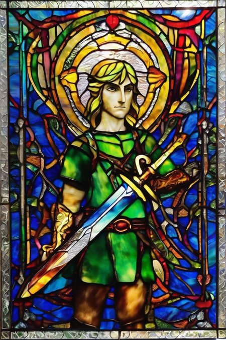 link ,  sword, vibrant colors,<lora:stained_glass_style_v1_sdxl:1>