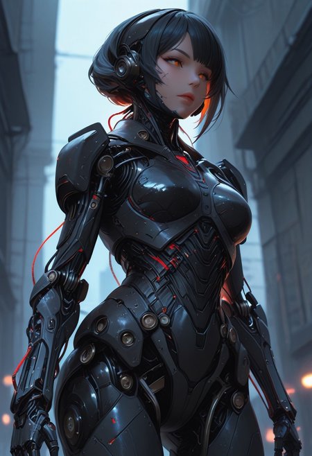 ultra realistic, masterpiece, high detailed skin, best quality, high res, very aesthetic, anime style, studio anime, source_ecchi, anime, (finely detailed face), (petite body:1.3), anime, manga, inksketch, studio anime, faceless android. Significant cybernetic augmentation into neck and spine, and a powerful, segmented white-plated robotic arm and hand revealing underlying red wiring/components. the android wears a simple black tank top, revealing toned musculature alongside the cybernetics. The lighting is dramatic and high-contrast, with a bright backlight illuminating parts of her form and casting deep shadows, set against a blurry, cool-toned cityscape. Focus on functional combat cybernetics, intense focus, and gritty bio-mechanical integration, creating a peaceful and tranquil atmosphere. alluring and erotic atmosphere. dramatic scenery, intricate details, (blurry background, depth of field:1.1), foreshortening, erotic and aesthetic, lascivious pose, dynamic dutch angle, bright colors, stunningly artwork, cowboy shot, mcnm