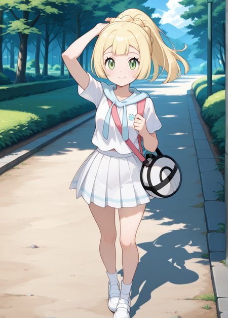 masterpiece, best quality, amazing quality, very aesthetic, absurdres, newest, detailed background, cowboy shot, outdoors, looking at viewer, official style, 
lilliexd, 1girl, solo, blonde hair, skirt, green eyes, bag, short sleeves, shirt, smile, white shirt, white skirt, pleated skirt, full body, closed mouth, long hair, white footwear, shoes, ponytail, standing, socks, braid, bangs, arm up,
 <lora:Lillie_-_Pokemon_Illustrious:1>
